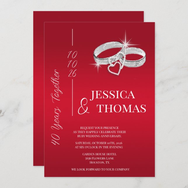 Convites Aniversário de Casamento de Ruby, 40ª Posh (Frente/Verso)