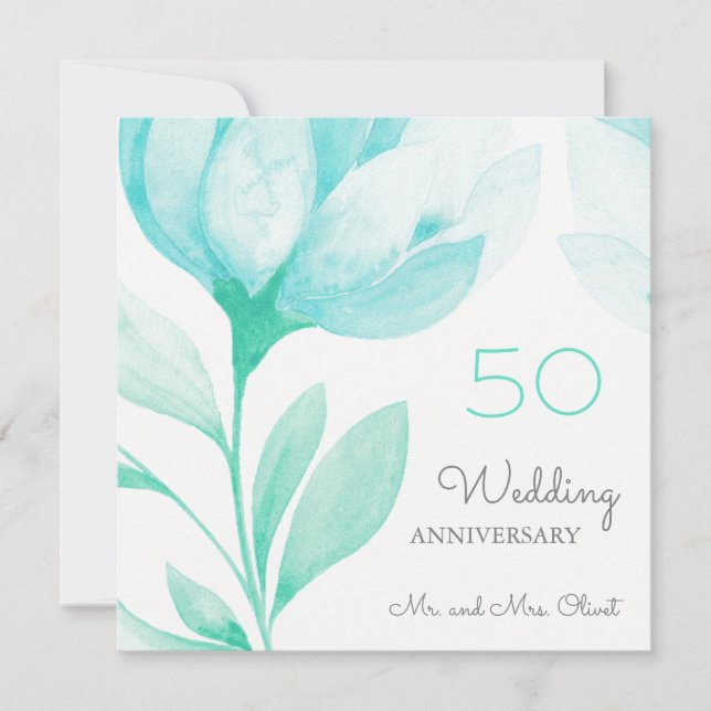 Convites Aniversário de Casamento de Teal Peonies 50 Anos (Frente)