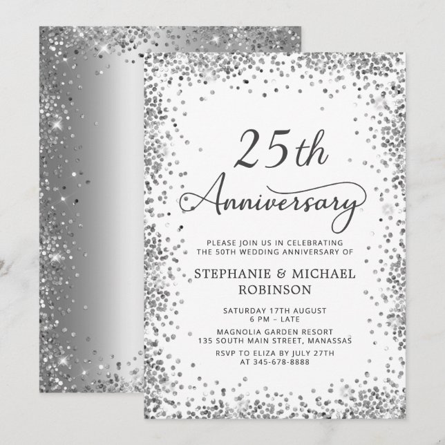 Convites Aniversário de Casamento do 25 de Glitter Moderno (Frente/Verso)