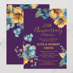 Convites aniversário de casamento do ouro azul floral