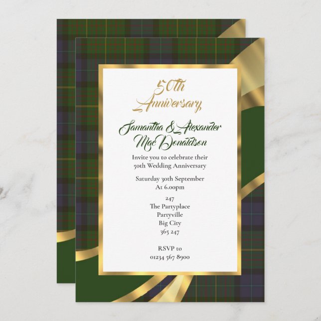 Convites Aniversário de casamento dourado de tartan verde (Frente/Verso)