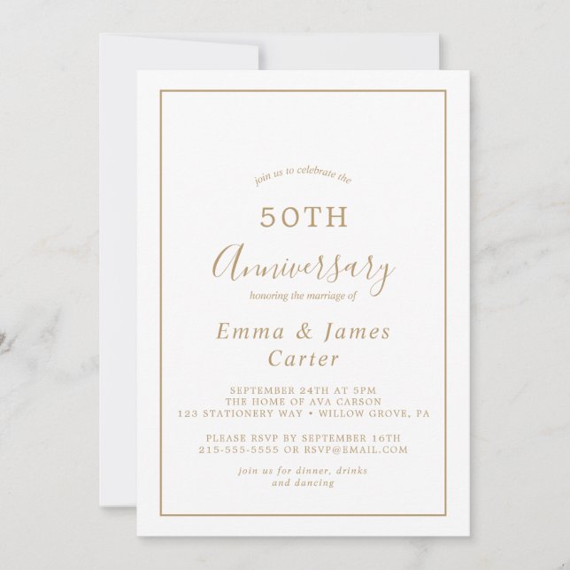 Convites Aniversário de Casamento Dourado minimalista (Frente)
