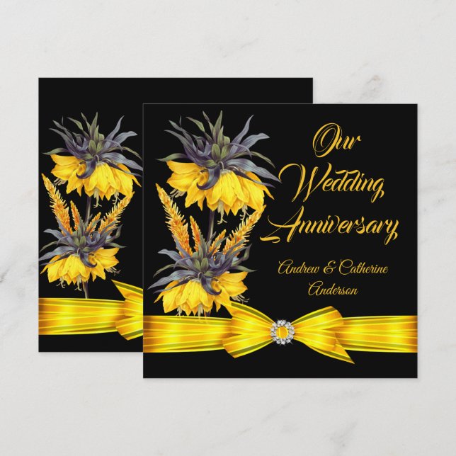 Convites Aniversário de Casamento Exótico Floral Amarelo La (Frente/Verso)