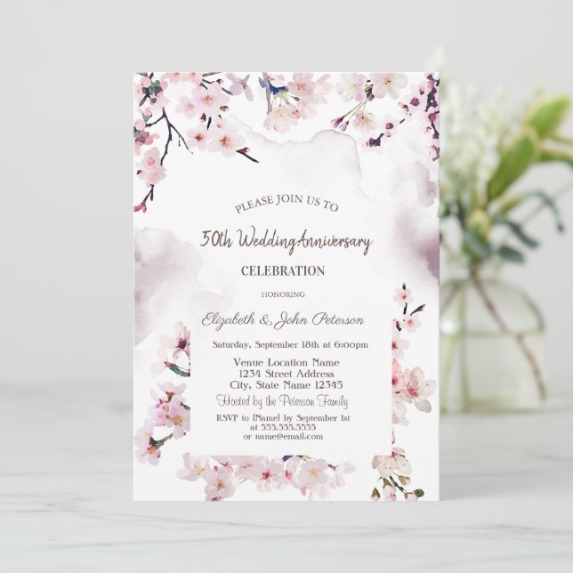 Convites Aniversário de Casamento Flor de Cerejeira (Em pé/Frente)