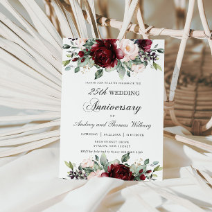 Convites Aniversário de Casamento Floral do Elegante Burgun