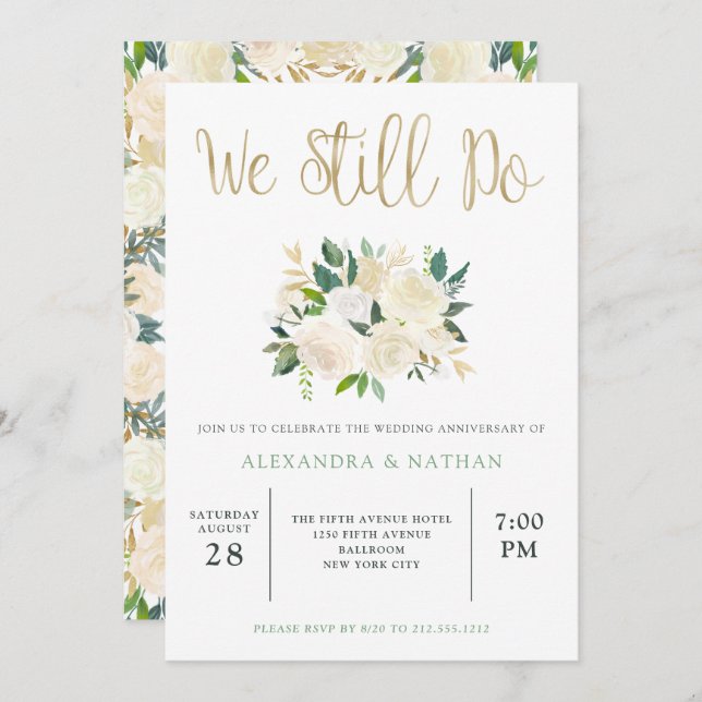 Convites Aniversário de Casamento Floral em Aquarela Marfim (Frente/Verso)