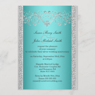 Convites Aniversário de casamento floral prata azul
