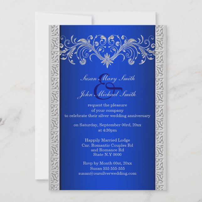 Convites Aniversário de casamento floral prata azul (Frente)
