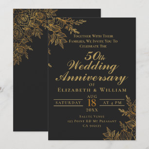 Convites Aniversário de casamento floral preto e dourado