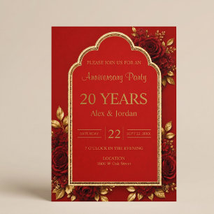 Convites Aniversário de Casamento Floral Vermelho e Dourado