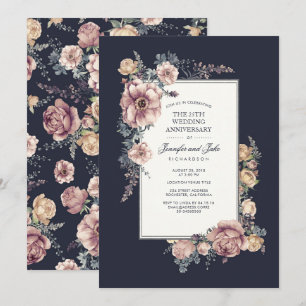Convites Aniversário de Casamento Floral Vintage Azul Marin