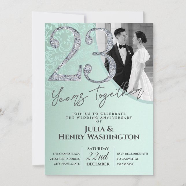 Convites Aniversário de Casamento Gentil Verde 23º  (Frente)