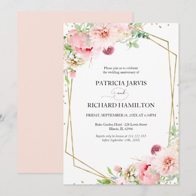 Convites Aniversário de Casamento Geométrico Floral Rosa El (Frente/Verso)