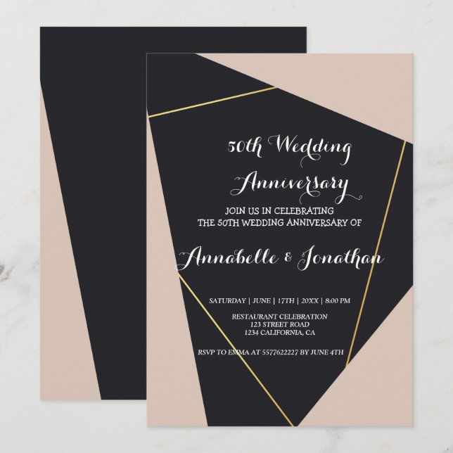 Convites Aniversário de casamento geométrico rosa preto e d (Frente/Verso)