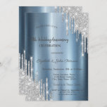 Convites Aniversário de Casamento Metálico Azul<br><div class="desc">Um moderno,  chique e glamouroso com brilho prateado pinga sobre um fundo metálico azul.</div>