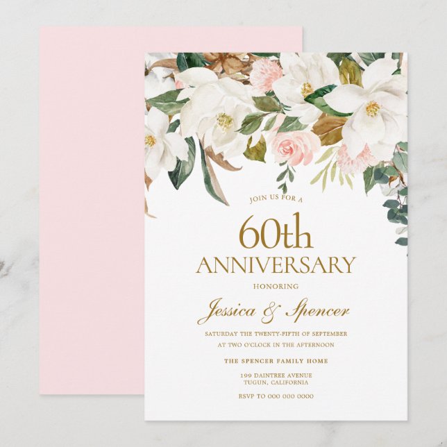 Convites Aniversário de Casamento Moderno Bege Branco Flora (Frente/Verso)