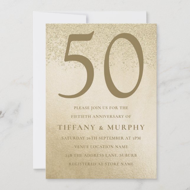 Convites Aniversário de Casamento Moderno Dourado 50º (Frente)