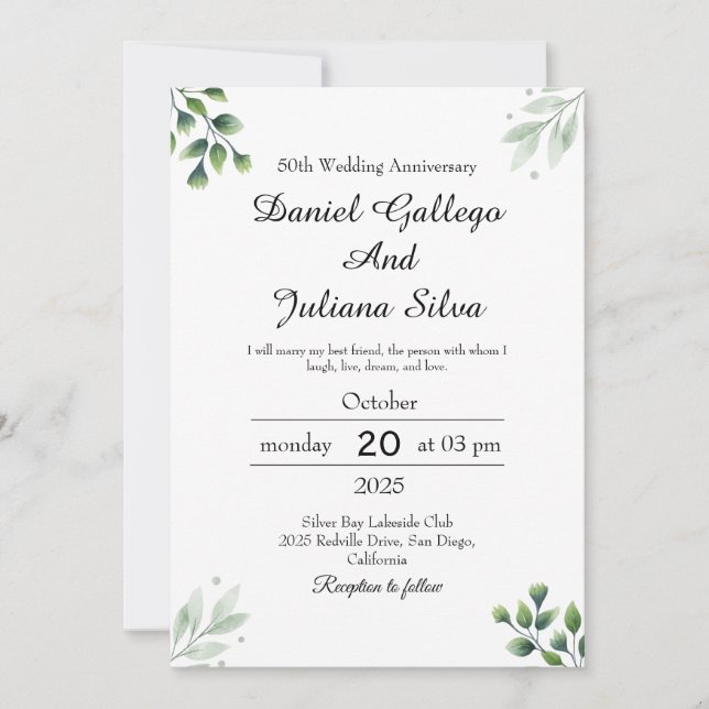 Convites Aniversário de Casamento Padrão da Folha Verde (Frente)