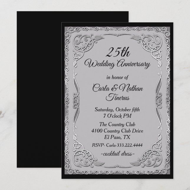 Convites Aniversário de Casamento Prata e Cinza Ornamentado (Frente/Verso)