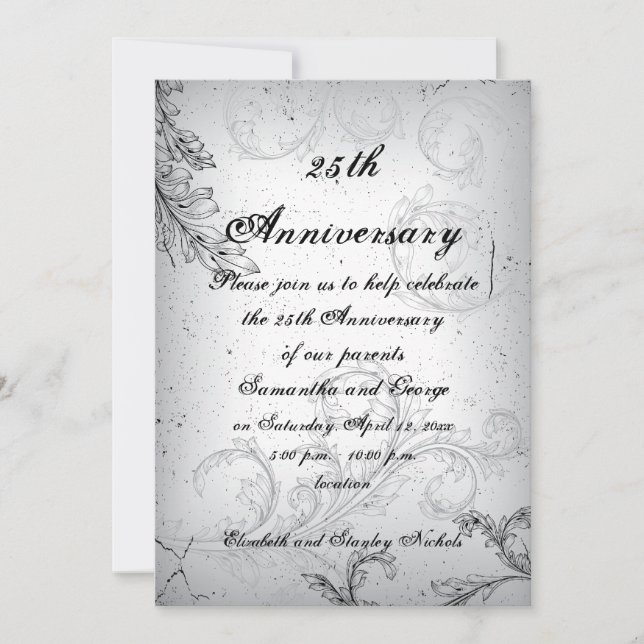 Convites Aniversário de casamento prateado com folha de per (Frente)