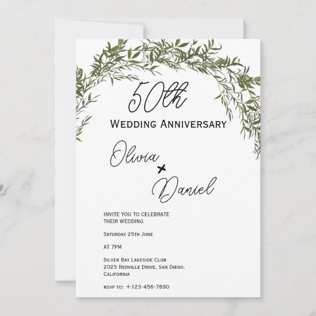 Convites Aniversário de Casamento Refined Classic Greenery (Frente)