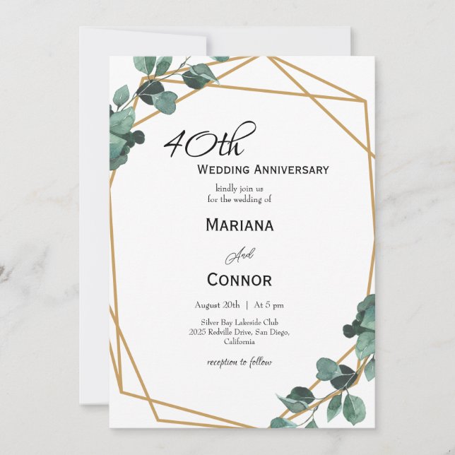 Convites Aniversário de Casamento Romântico com Verde Esmer (Frente)