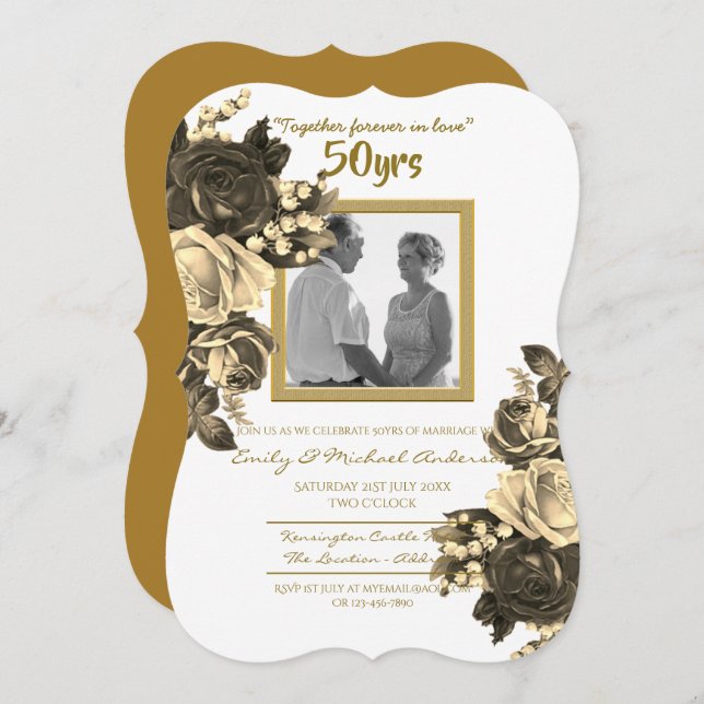 Convites Aniversário de Casamento Rosa Antiga - 50º Bodas d (Frente/Verso)