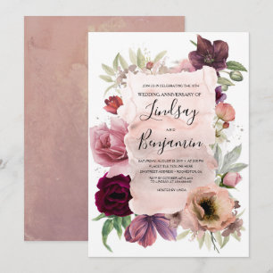 Convites Aniversário de Casamento Rosa Empoeirado e Floral 