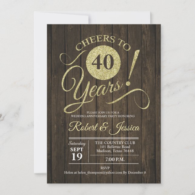 Convites Aniversário de Casamento Rústico de 40 Anos - Made (Frente)