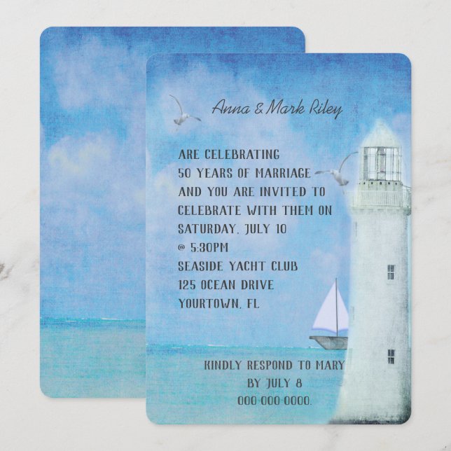 Convites aniversário de casamento- veleiro e farol oceânico (Frente/Verso)