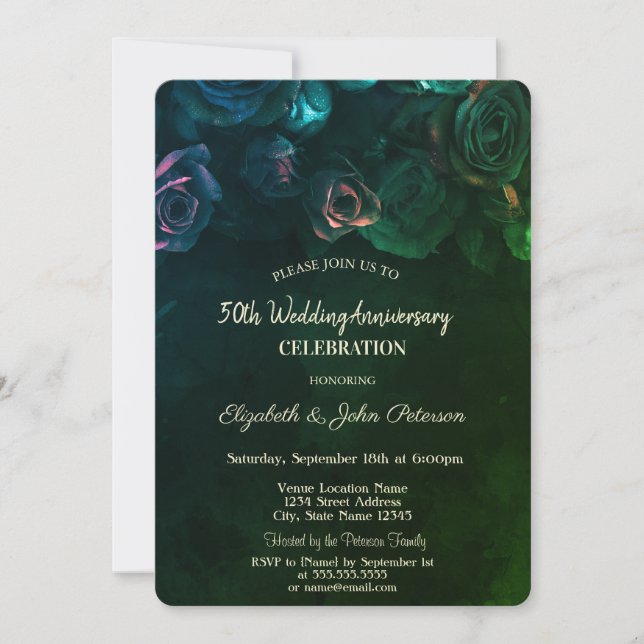 Convites Aniversário de Casamento Verde de Rosas Chic (Frente)