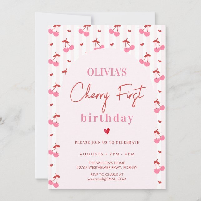 Convites Aniversário de Cereja de Um Ano (Frente)