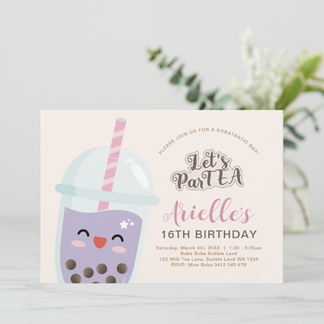 Convites Aniversário de Chá de Bolhas Minimalista Fofa (Em pé/Frente)