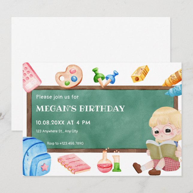 Convites Aniversário de chalkboard de uma menina de escola  (Frente/Verso)