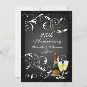 Convites Aniversário de Champanhe Prata Preto e Branco