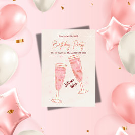 Convites Aniversário de Champanhe Rosa Glamouroso e Elegant