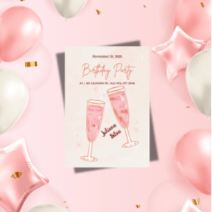 Convites Aniversário de Champanhe Rosa Glamouroso e Elegant