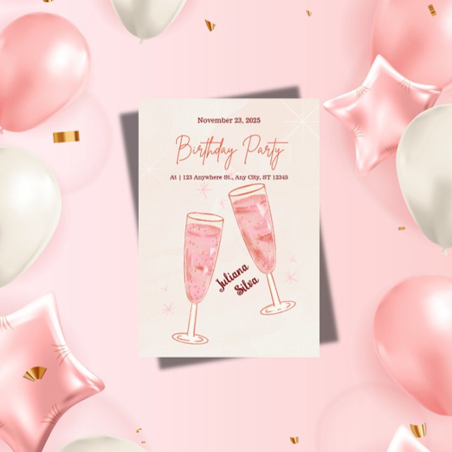 Convites Aniversário de Champanhe Rosa Glamouroso e Elegant (Criador carregado)