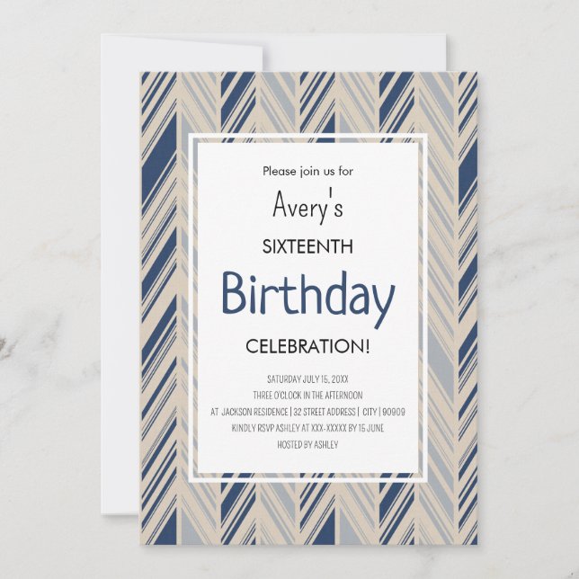 Convites Aniversário de Chevron Azul Simples (Frente)
