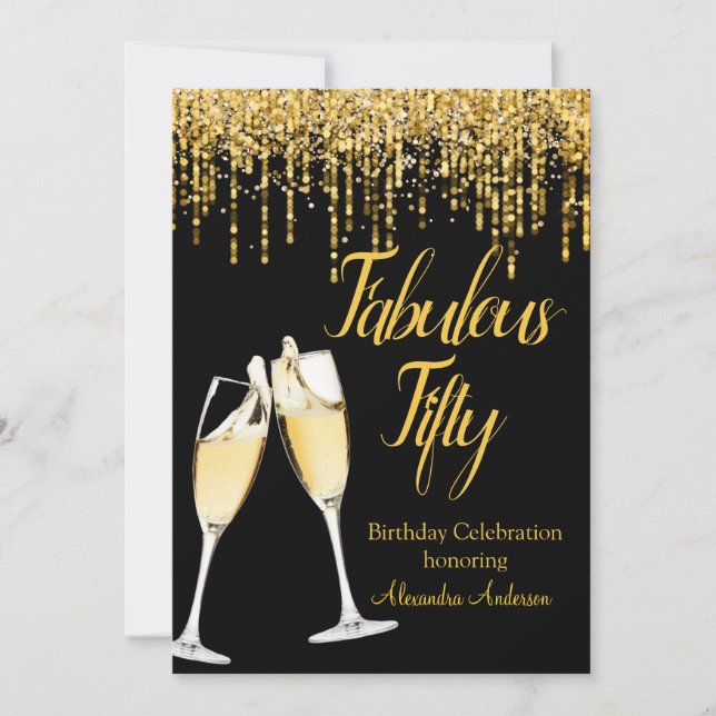 Convites Aniversário de Cinquenta Fantástico Brilho Dourado (Frente)