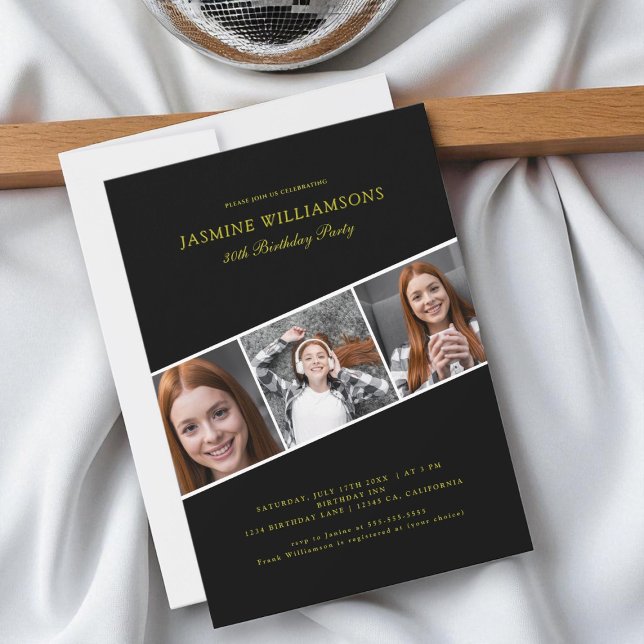 Convites Aniversário de colagem de três fotos em ouro preto (Criador carregado)