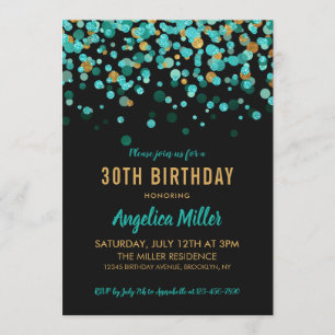 Convites Aniversário de Confetti Dourado de Teal Moderno