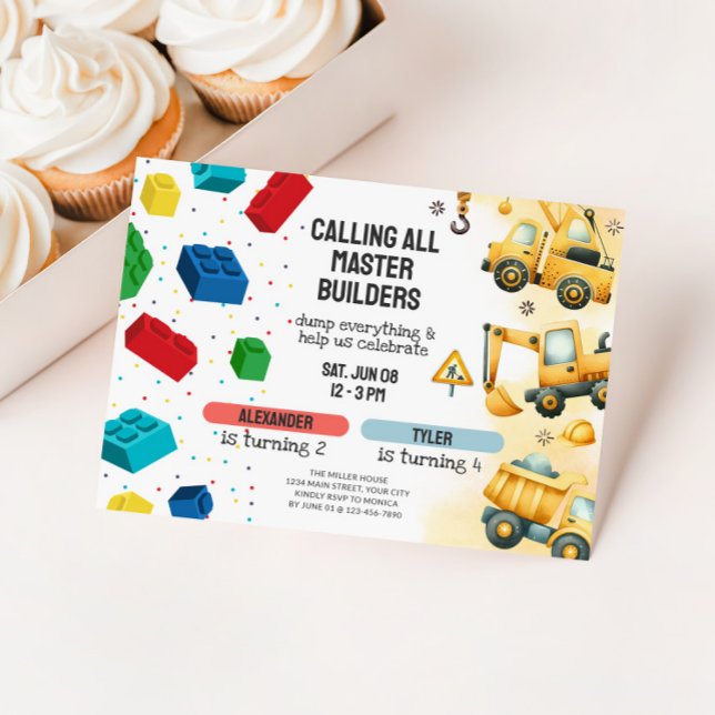 Convites Aniversário de Construção Conjunta e Blocos de Con (Dual Birthday Party Invitation - Building Blocks & Dump Trucks)