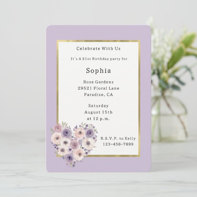Convites Aniversário de Coração Floral Rosa Roxo Branco (Em pé/Frente)