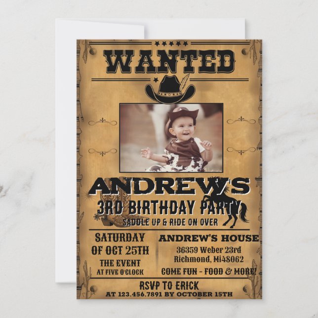 Convites Aniversário de Cowboy Western Pessoal com Foto (Frente)