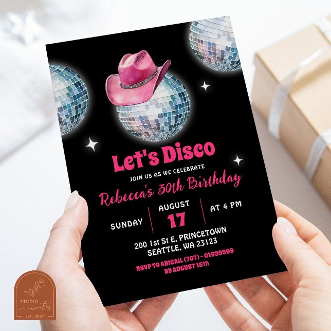 Convites Aniversário de Cowgirl em Rosa Quente Discoball Va (Criador carregado)
