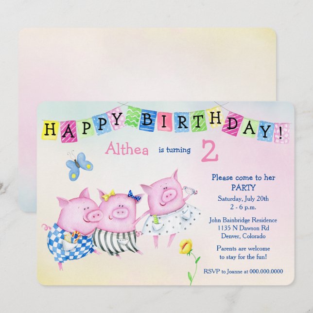 Convites Aniversário de criança Adorável de Três Porcos (Frente/Verso)