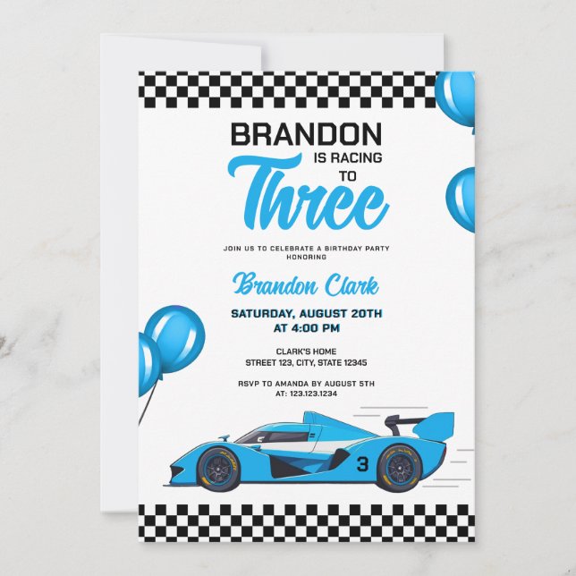 Convites Aniversário de criança branco e azul de racecar (Frente)