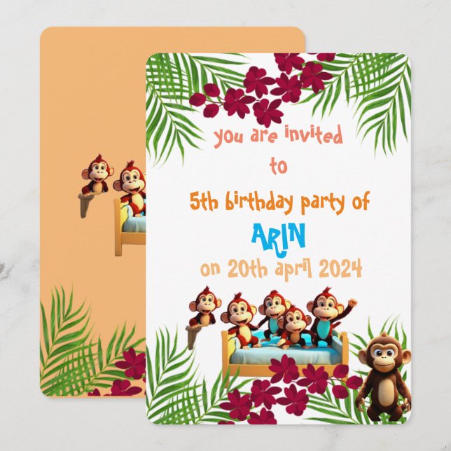 Convites aniversário de criança da família do macaco malvad (Frente/Verso)