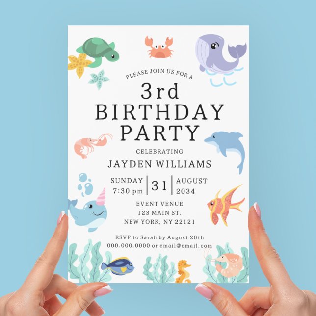 Convites Aniversário de criança de Animais do Mar de Cué (Cute Sea Animals Kids Birthday Invitation
)